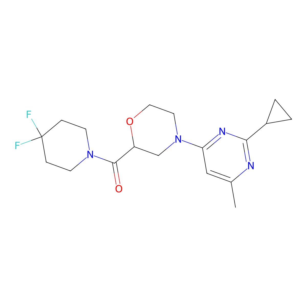 4-(2-Cyclopropyl-6-methylpyrimidin-4-yl)-2-(4,4-difluoropiperidine-1-carbonyl)morpholine molecular structure, CAS 2742057-53-8