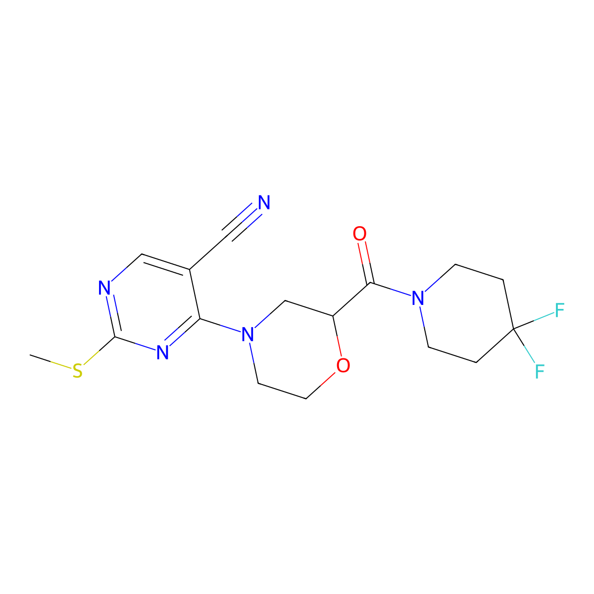4-[2-(4,4-Difluoropiperidine-1-carbonyl)morpholin-4-yl]-2-(methylsulfanyl)pyrimidine-5-carbonitrile molecular structure, CAS 2742057-56-1