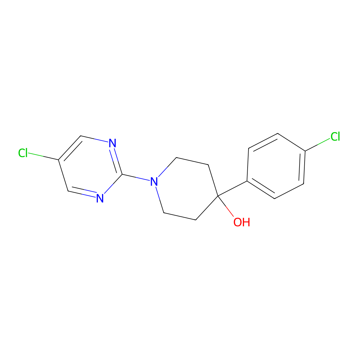 4-(4-Chlorophenyl)-1-(5-chloropyrimidin-2-yl)piperidin-4-ol molecular structure, CAS 2742057-59-4