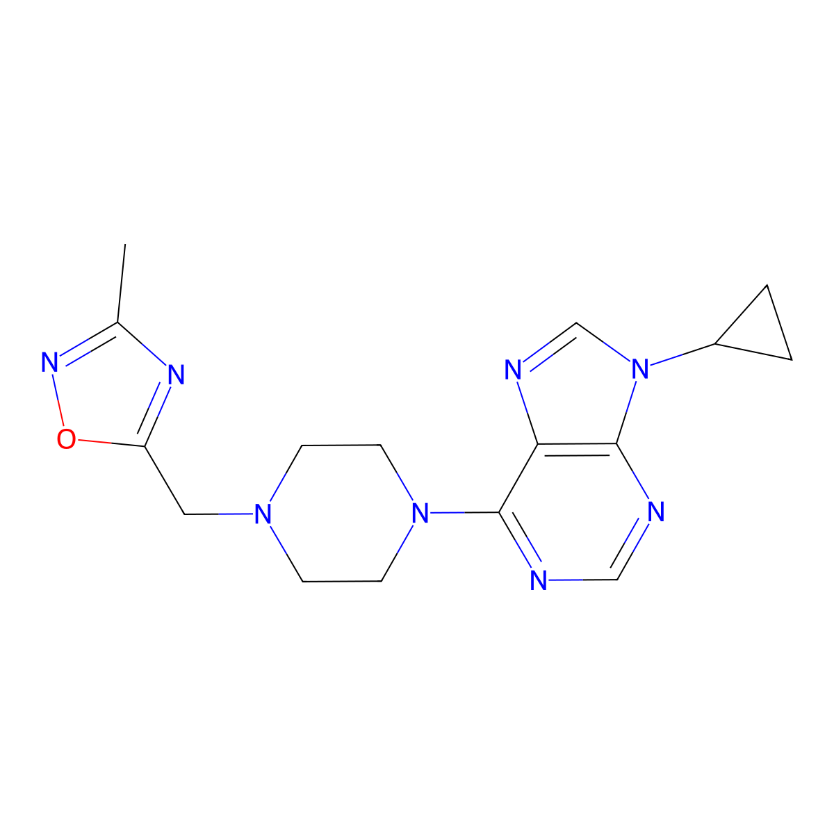 9-cyclopropyl-6-{4-[(3-methyl-1,2,4-oxadiazol-5-yl)methyl]piperazin-1-yl}-9H-purine molecular structure, CAS 2742057-62-9