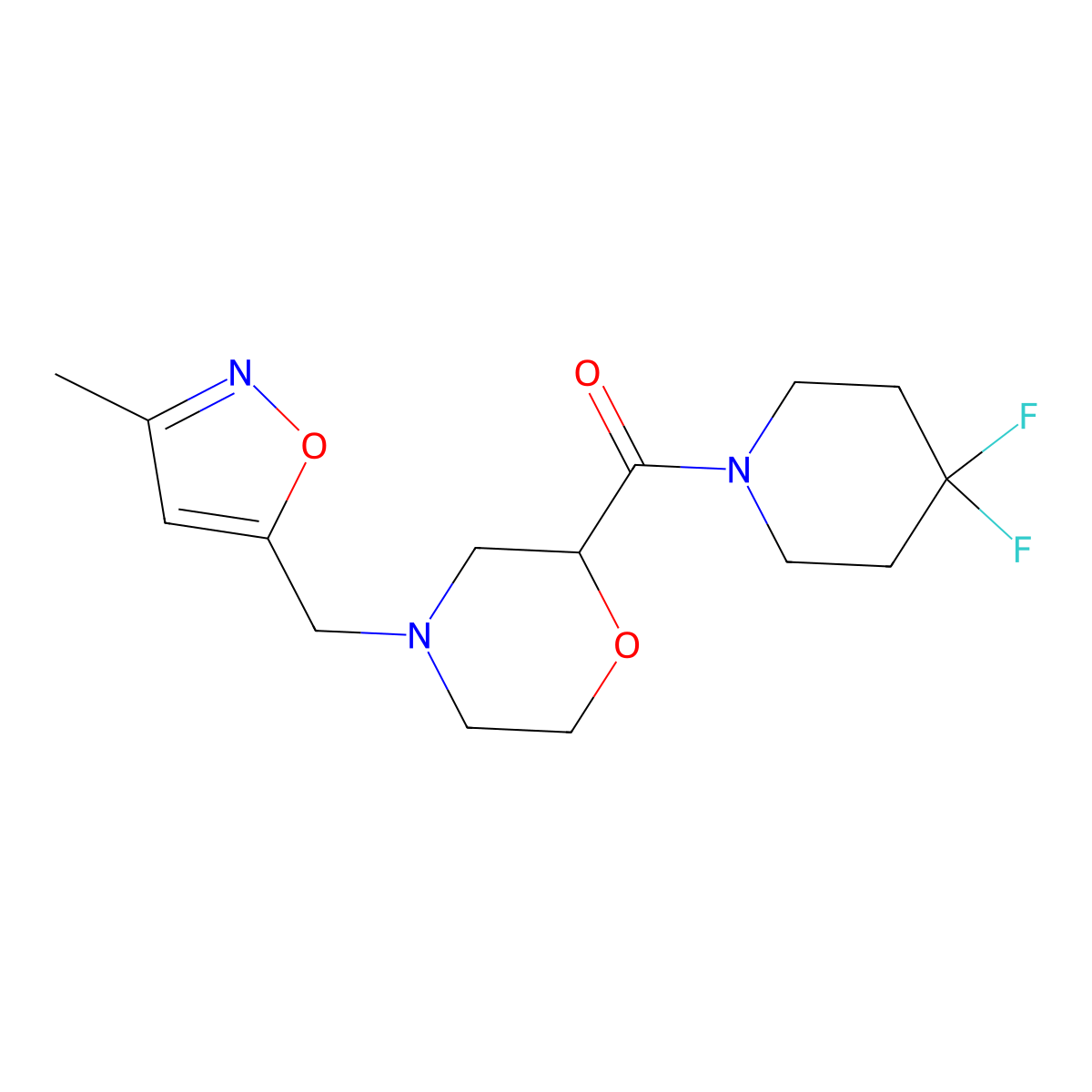 2-(4,4-Difluoropiperidine-1-carbonyl)-4-[(3-methyl-1,2-oxazol-5-yl)methyl]morpholine molecular structure, CAS 2742057-64-1