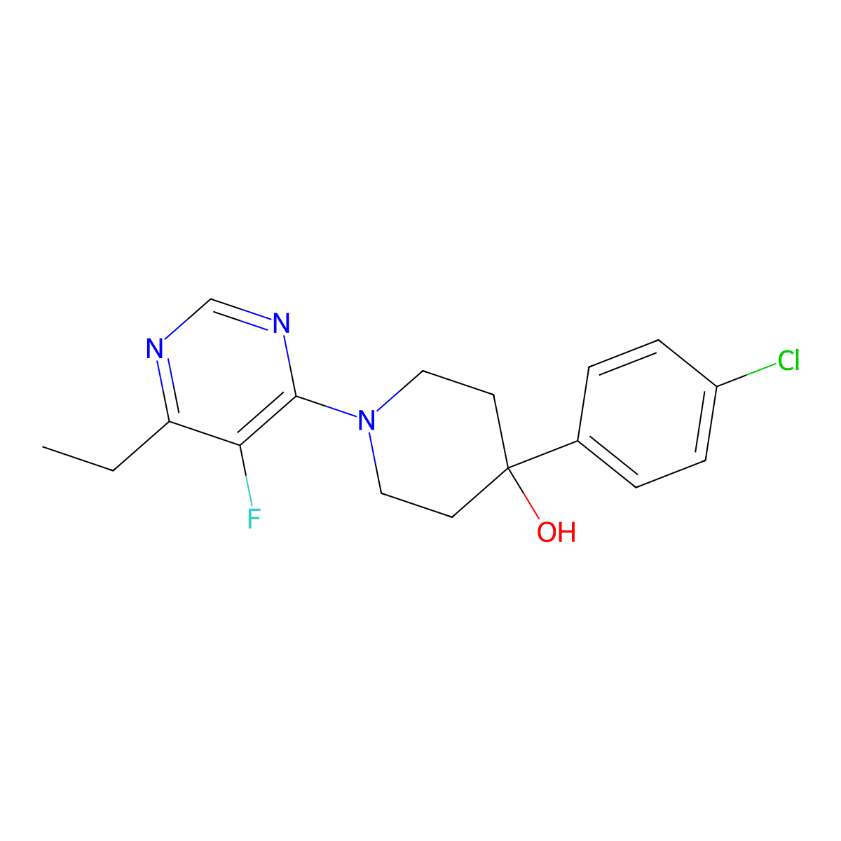 4-(4-Chlorophenyl)-1-(6-ethyl-5-fluoropyrimidin-4-yl)piperidin-4-ol molecular structure, CAS 2742057-75-4