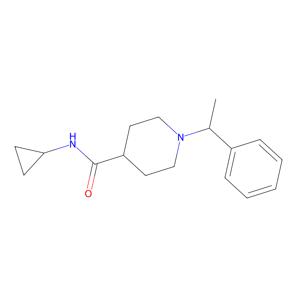N-cyclopropyl-1-(1-phenylethyl)piperidine-4-carboxamide molecular structure, CAS 2742057-84-5