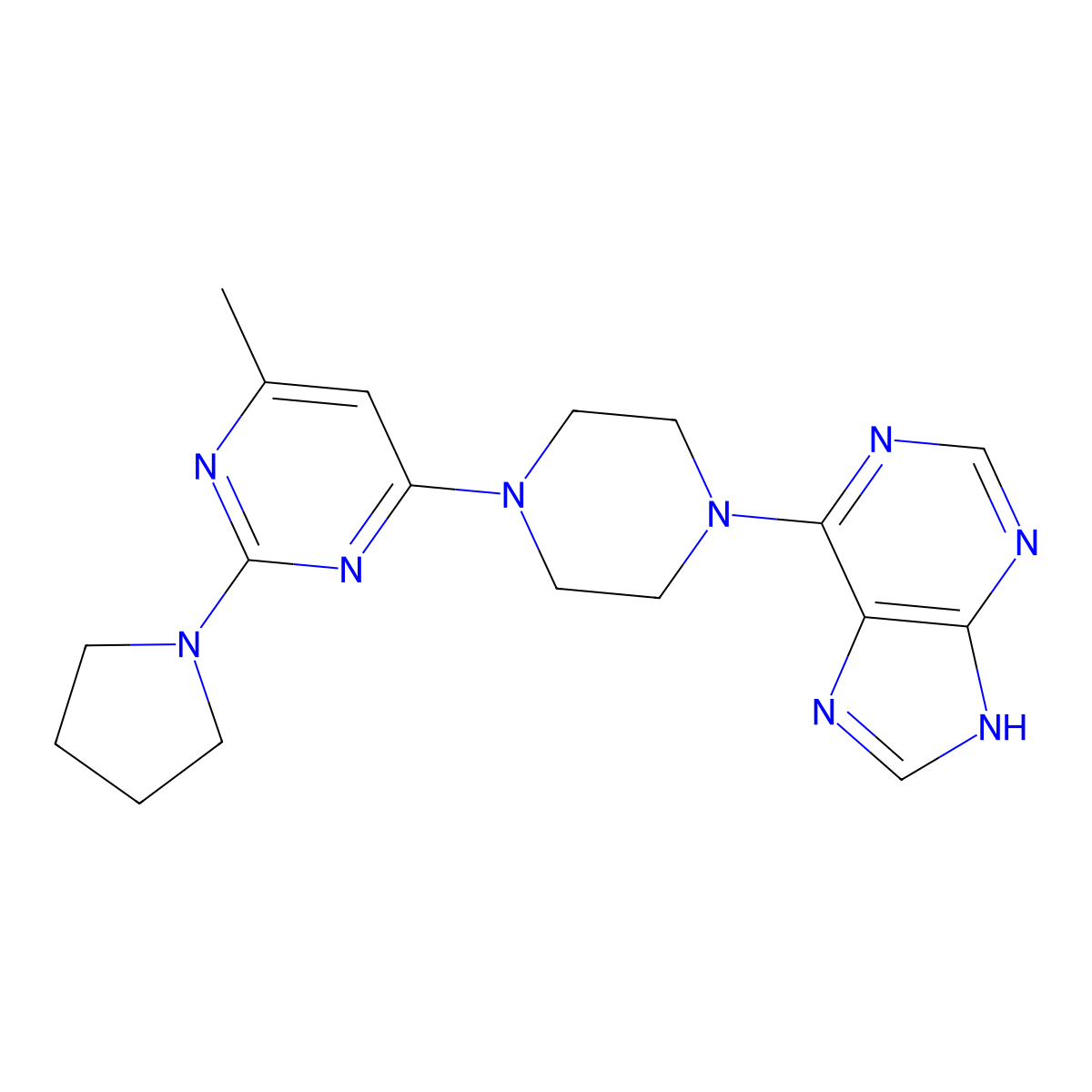 6-{4-[6-methyl-2-(pyrrolidin-1-yl)pyrimidin-4-yl]piperazin-1-yl}-9H-purine molecular structure, CAS 2742057-88-9