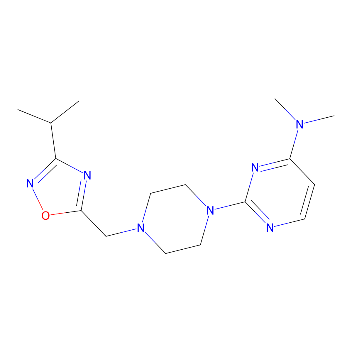 N,N-dimethyl-2-(4-{[3-(propan-2-yl)-1,2,4-oxadiazol-5-yl]methyl}piperazin-1-yl)pyrimidin-4-amine molecular structure, CAS 2742057-89-0