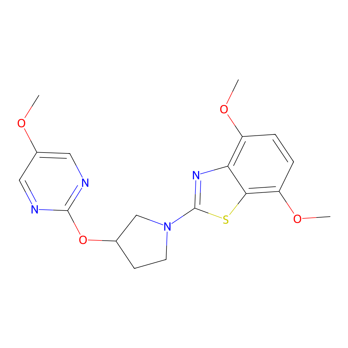 4,7-Dimethoxy-2-{3-[(5-methoxypyrimidin-2-yl)oxy]pyrrolidin-1-yl}-1,3-benzothiazole molecular structure, CAS 2742057-94-7