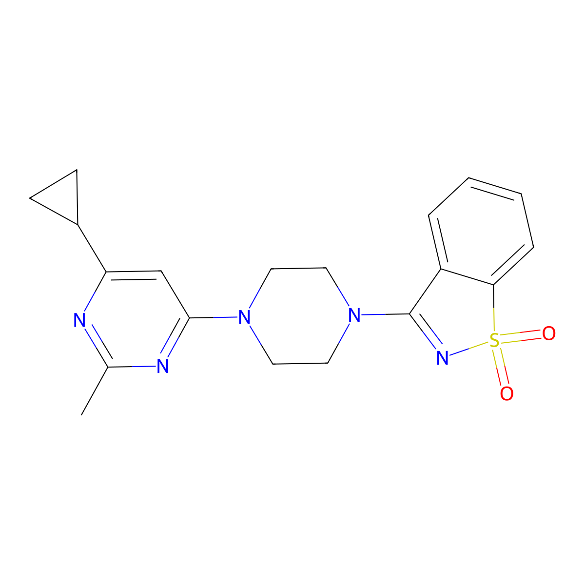 3-[4-(6-Cyclopropyl-2-methylpyrimidin-4-yl)piperazin-1-yl]-1,2-benzothiazole 1,1-dioxide molecular structure, CAS 2742057-96-9