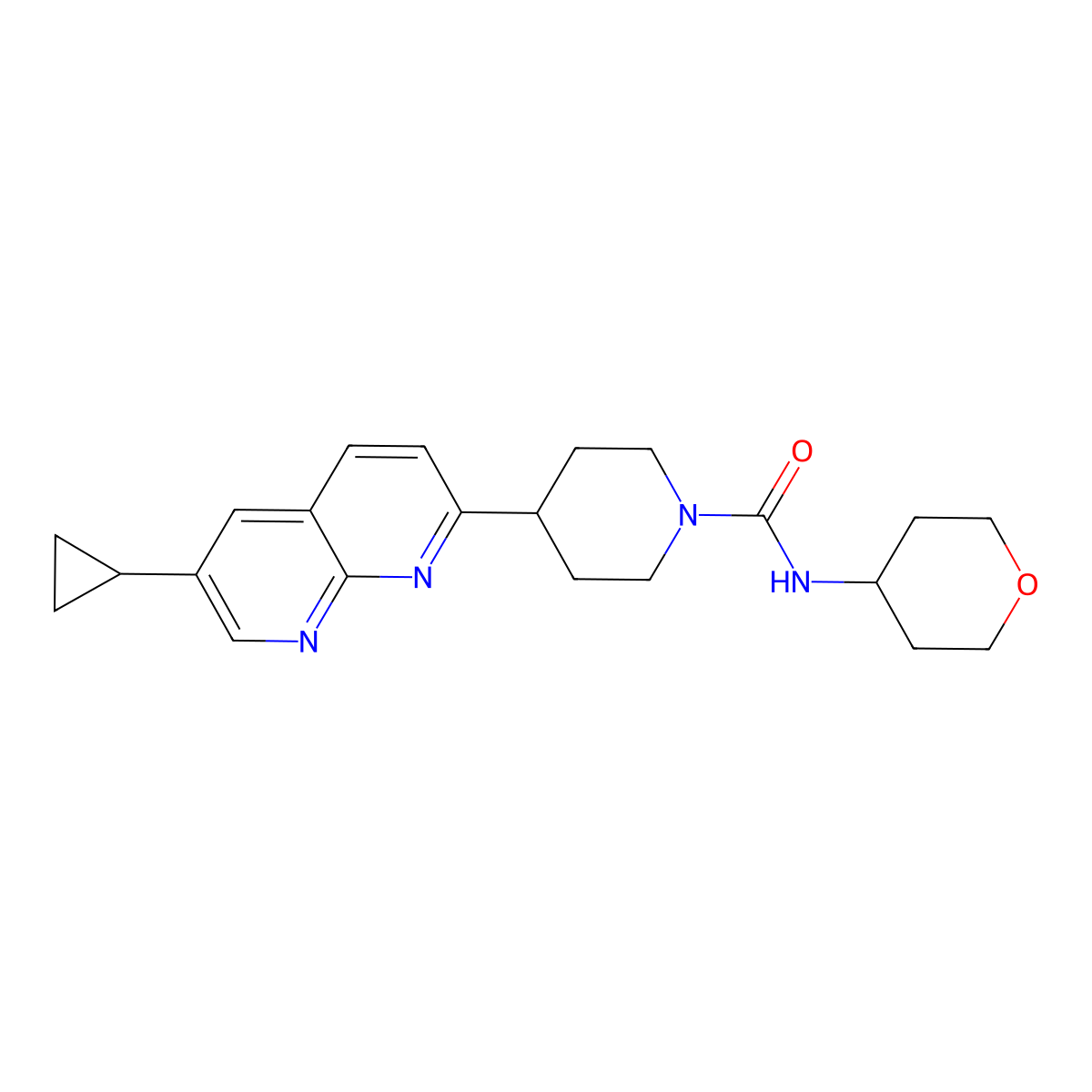 4-(6-cyclopropyl-1,8-naphthyridin-2-yl)-N-(oxan-4-yl)piperidine-1-carboxamide molecular structure, CAS 2742057-98-1
