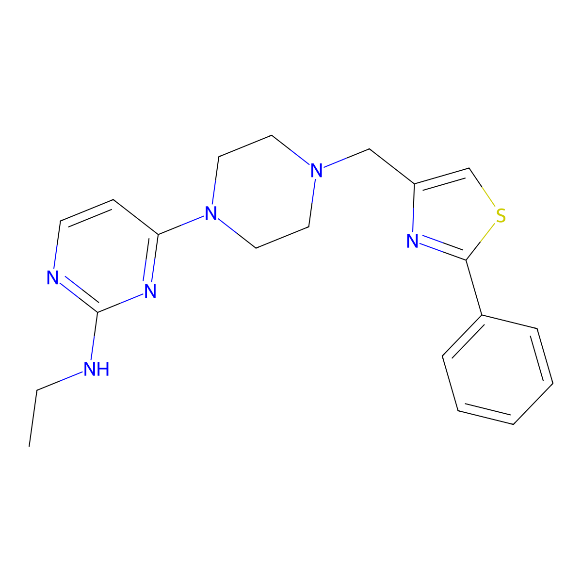 N-ethyl-4-{4-[(2-phenyl-1,3-thiazol-4-yl)methyl]piperazin-1-yl}pyrimidin-2-amine molecular structure, CAS 2742057-99-2