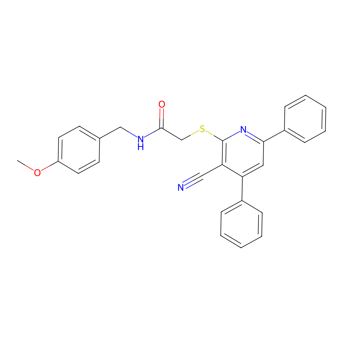 2-[(3-cyano-4,6-diphenylpyridin-2-yl)sulfanyl]-N-[(4-methoxyphenyl)methyl]acetamide molecular structure, CAS 2742058-01-9