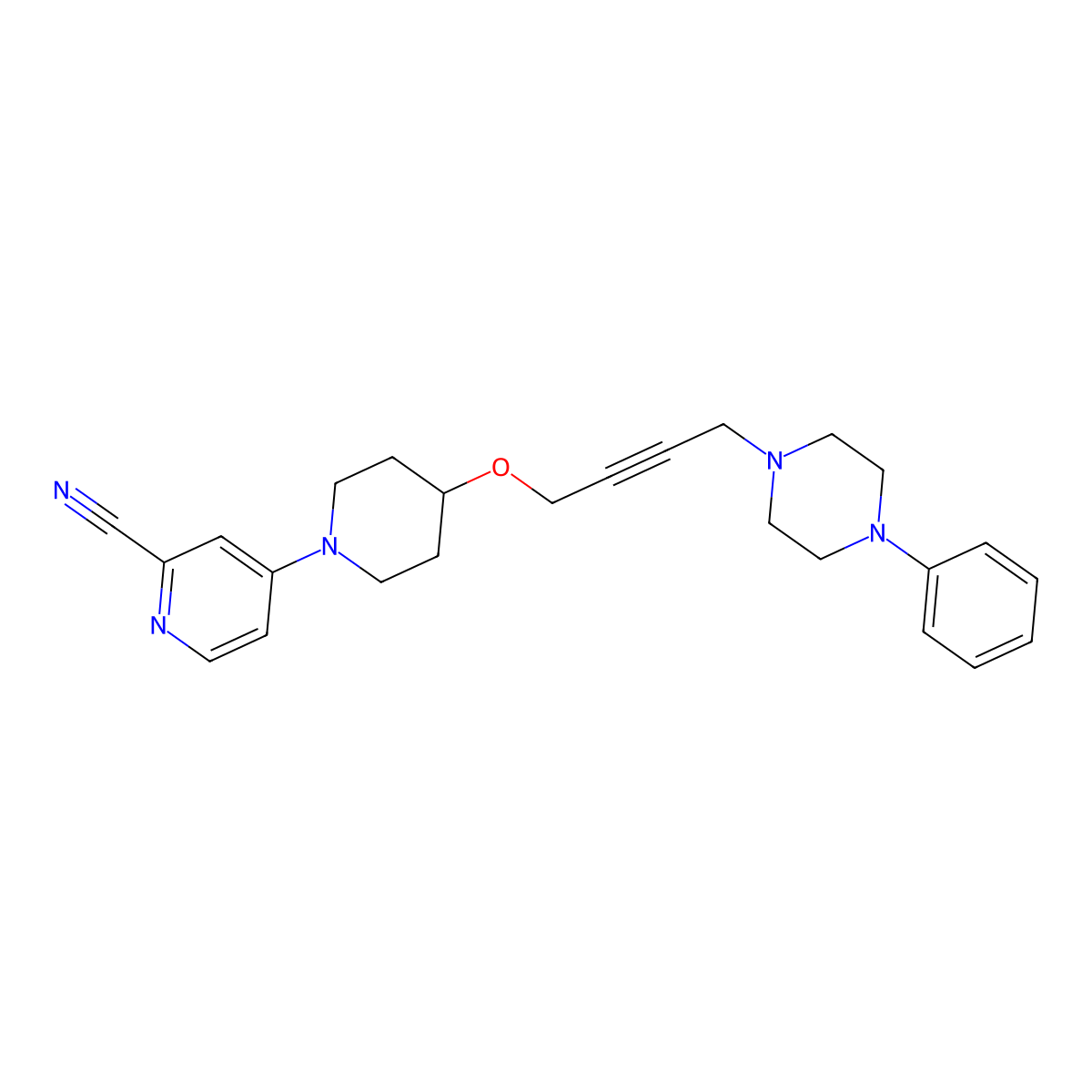 4-(4-{[4-(4-Phenylpiperazin-1-yl)but-2-yn-1-yl]oxy}piperidin-1-yl)pyridine-2-carbonitrile molecular structure, CAS 2742058-10-0