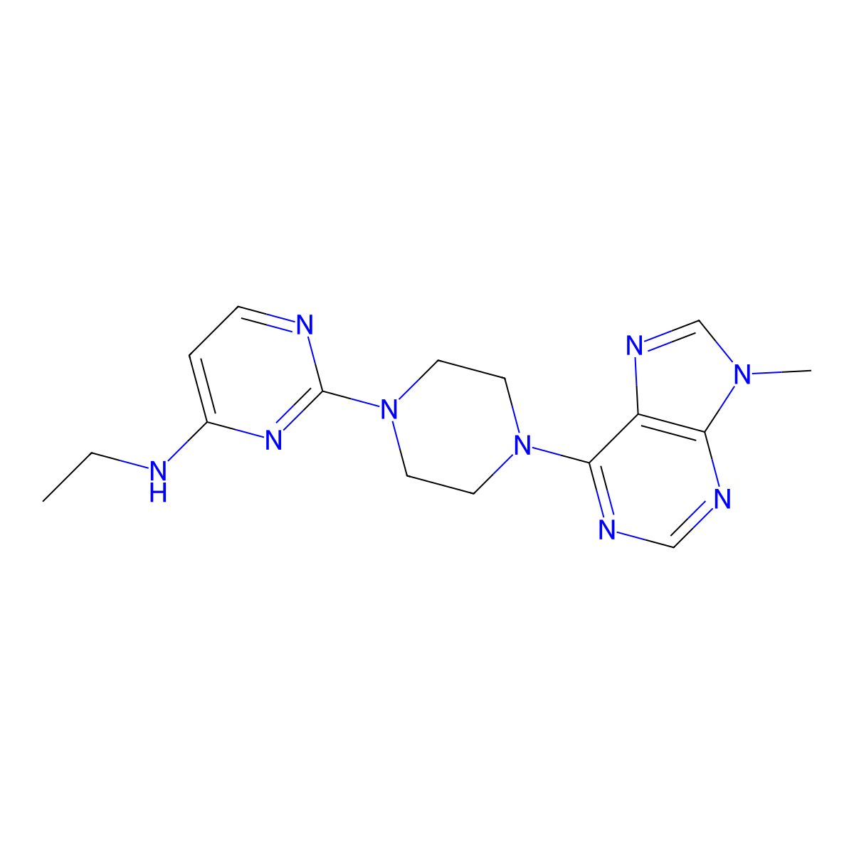 N-ethyl-2-[4-(9-methyl-9H-purin-6-yl)piperazin-1-yl]pyrimidin-4-amine molecular structure, CAS 2742058-12-2
