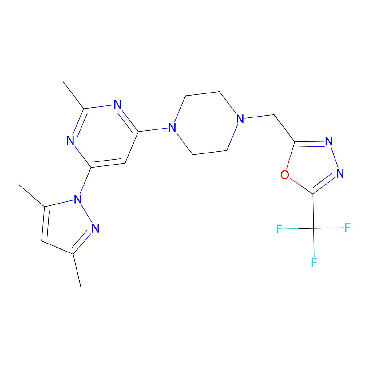 4-(3,5-dimethyl-1H-pyrazol-1-yl)-2-methyl-6-(4-{[5-(trifluoromethyl)-1,3,4-oxadiazol-2-yl]methyl}piperazin-1-yl)pyrimidine molecular structure, CAS 2742058-20-2