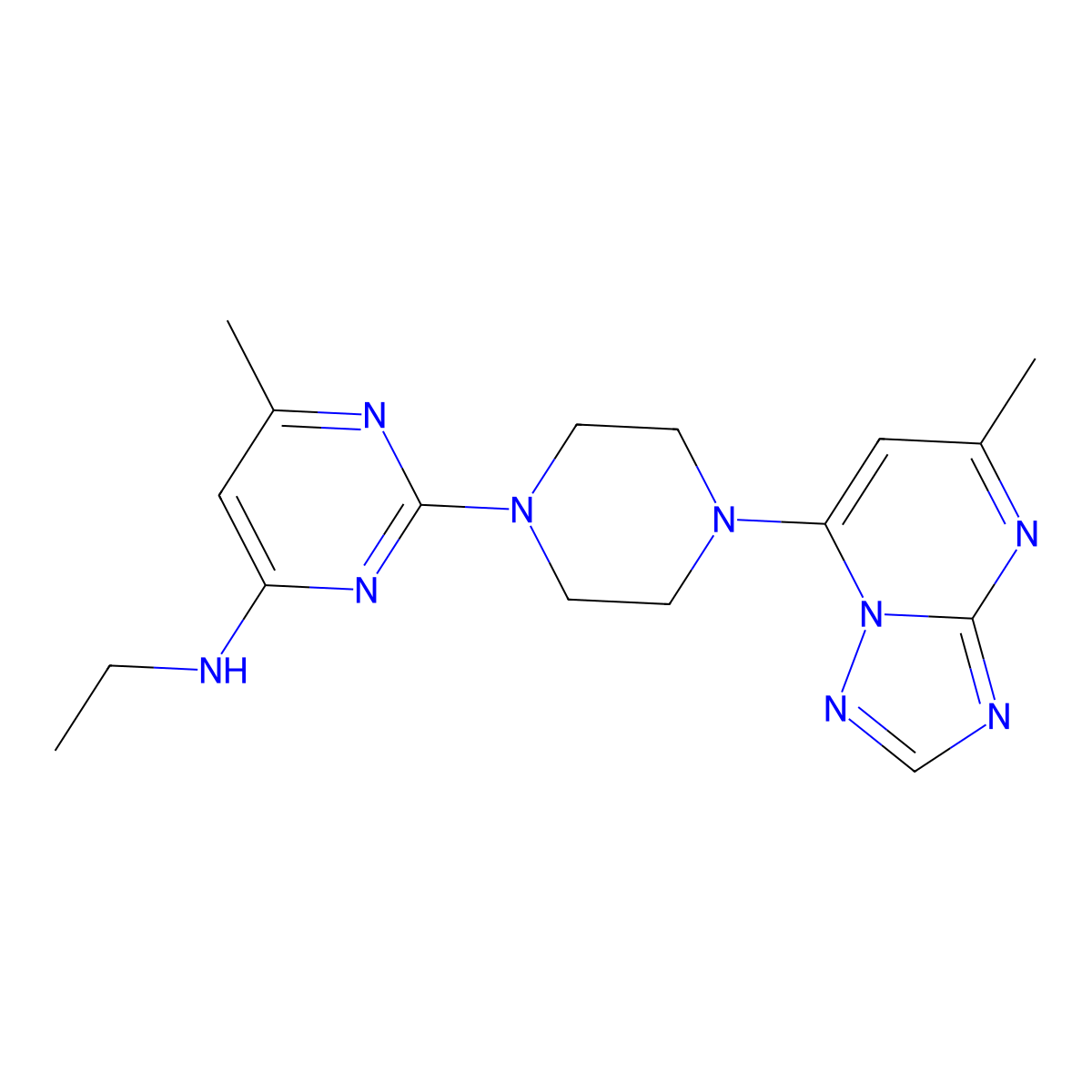 N-ethyl-6-methyl-2-(4-{5-methyl-[1,2,4]triazolo[1,5-a]pyrimidin-7-yl}piperazin-1-yl)pyrimidin-4-amine molecular structure, CAS 2742058-29-1