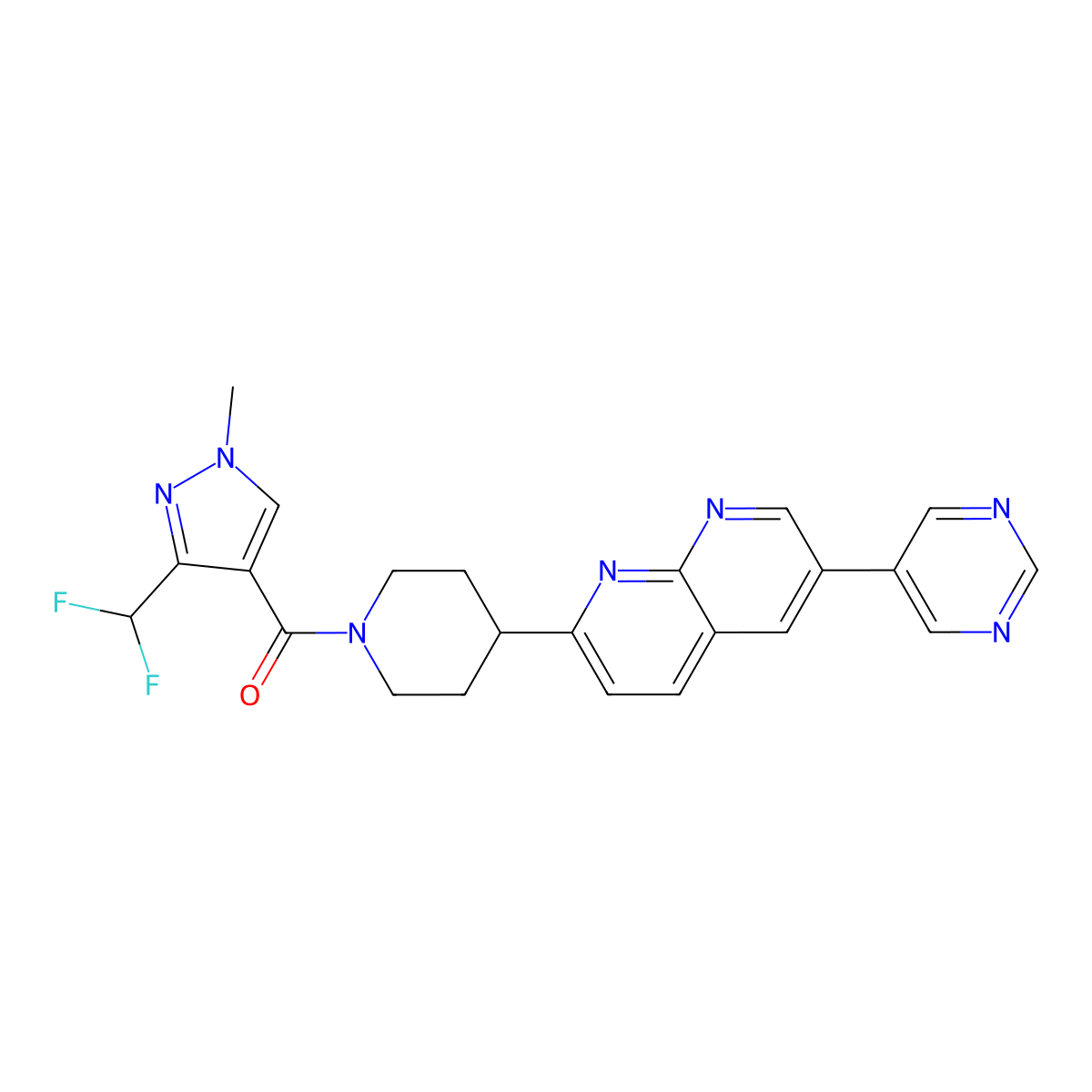 2-{1-[3-(difluoromethyl)-1-methyl-1H-pyrazole-4-carbonyl]piperidin-4-yl}-6-(pyrimidin-5-yl)-1,8-naphthyridine molecular structure, CAS 2742058-32-6