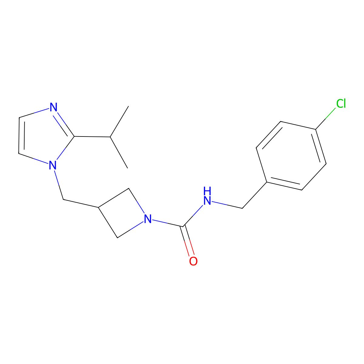 N-[(4-chlorophenyl)methyl]-3-{[2-(propan-2-yl)-1H-imidazol-1-yl]methyl}azetidine-1-carboxamide molecular structure, CAS 2742058-35-9
