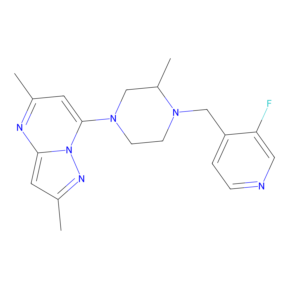 4-{2,5-Dimethylpyrazolo[1,5-a]pyrimidin-7-yl}-1-[(3-fluoropyridin-4-yl)methyl]-2-methylpiperazine molecular structure, CAS 2742058-45-1