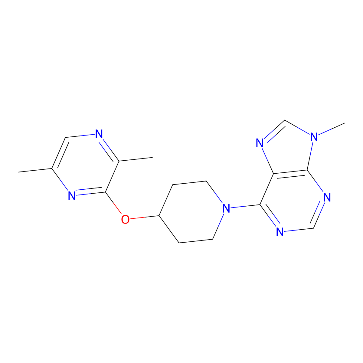 6-{4-[(3,6-dimethylpyrazin-2-yl)oxy]piperidin-1-yl}-9-methyl-9H-purine molecular structure, CAS 2742058-59-7