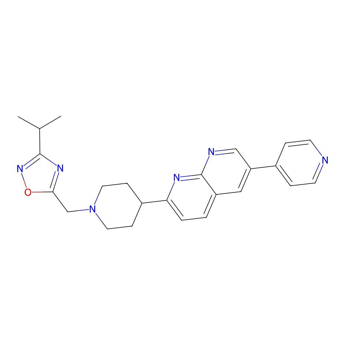 2-(1-{[3-(Propan-2-yl)-1,2,4-oxadiazol-5-yl]methyl}piperidin-4-yl)-6-(pyridin-4-yl)-1,8-naphthyridine molecular structure, CAS 2742058-83-7