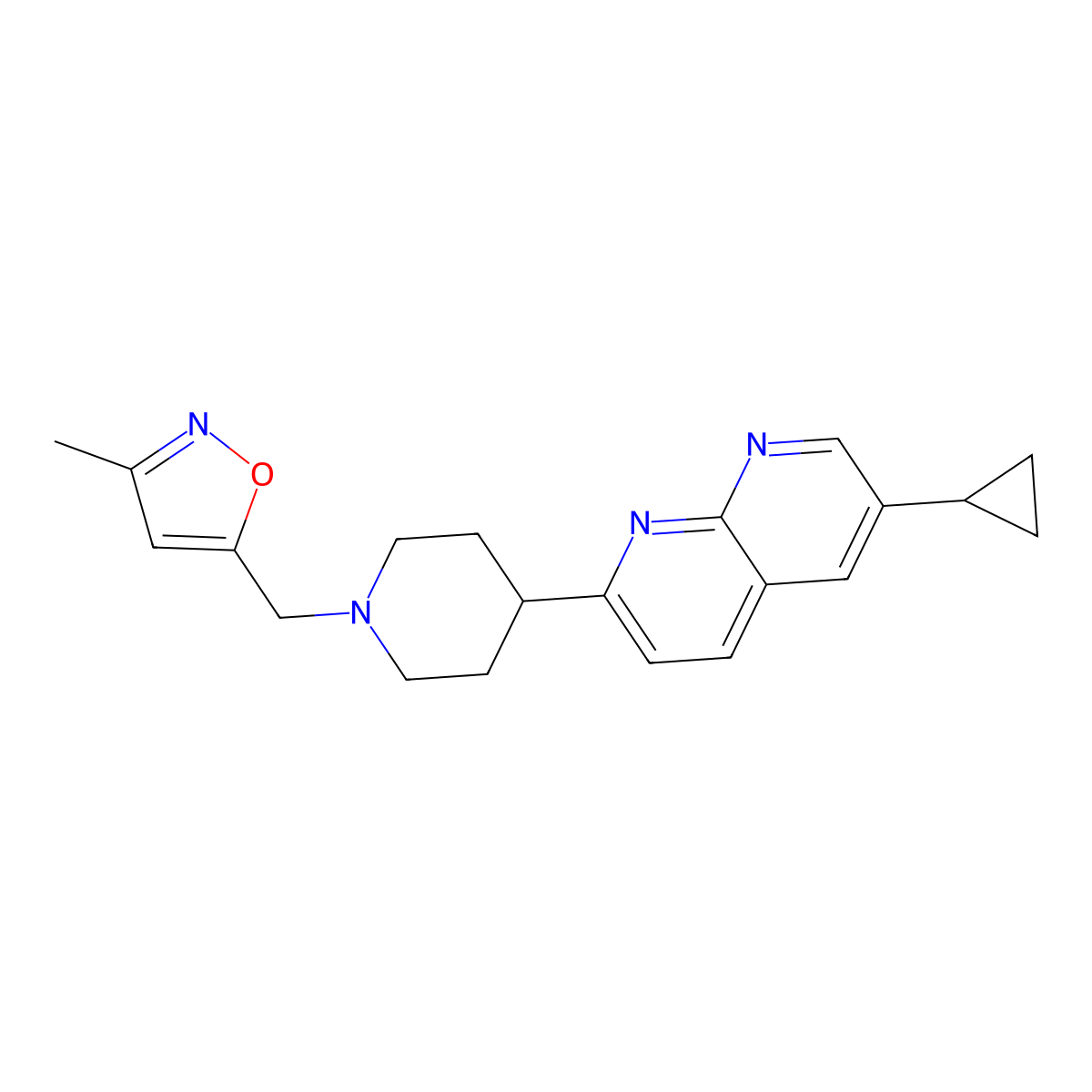6-Cyclopropyl-2-{1-[(3-methyl-1,2-oxazol-5-yl)methyl]piperidin-4-yl}-1,8-naphthyridine molecular structure, CAS 2742058-84-8