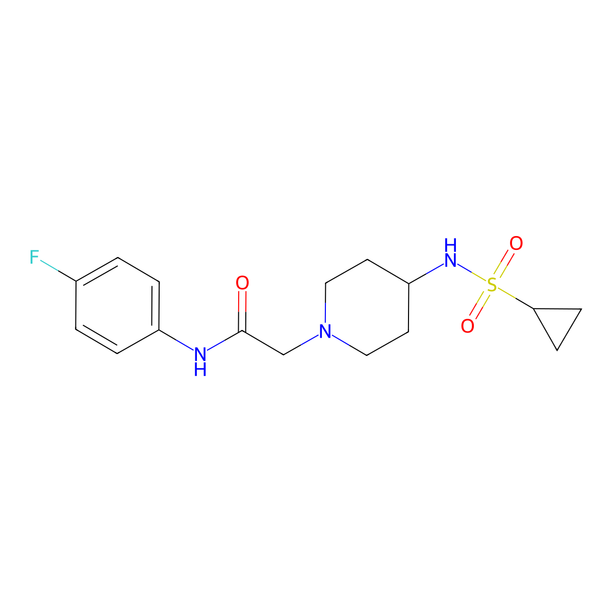 2-(4-cyclopropanesulfonamidopiperidin-1-yl)-N-(4-fluorophenyl)acetamide molecular structure, CAS 2742058-91-7