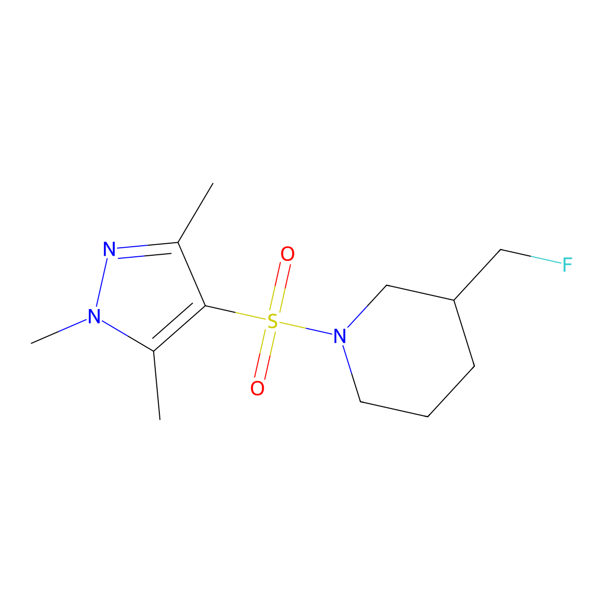 3-(fluoromethyl)-1-[(1,3,5-trimethyl-1H-pyrazol-4-yl)sulfonyl]piperidine molecular structure, CAS 2742058-94-0