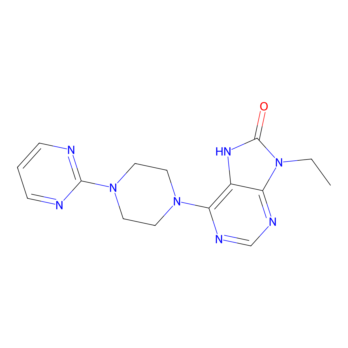 9-ethyl-6-[4-(pyrimidin-2-yl)piperazin-1-yl]-8,9-dihydro-7H-purin-8-one molecular structure, CAS 2742058-95-1
