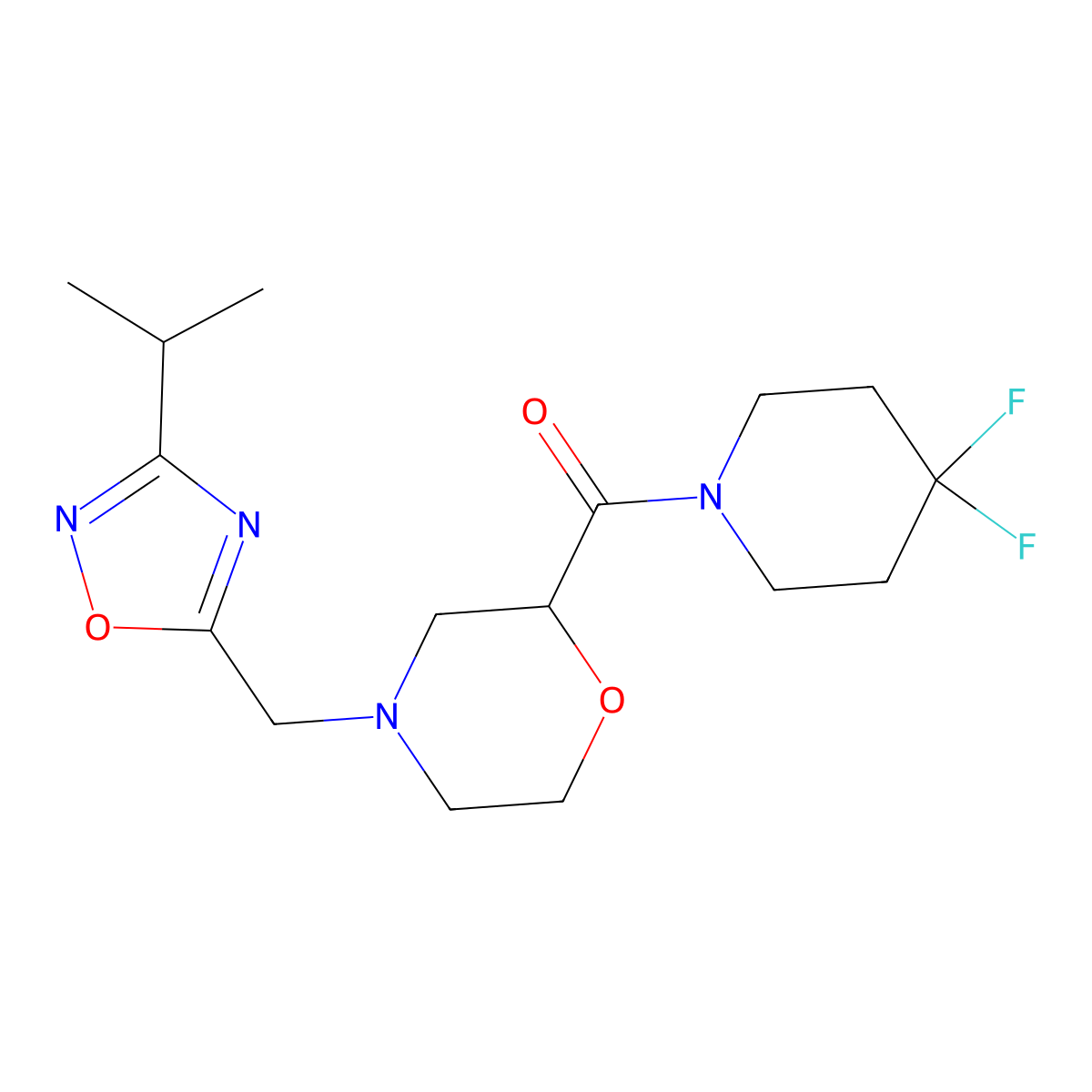 2-(4,4-Difluoropiperidine-1-carbonyl)-4-{[3-(propan-2-yl)-1,2,4-oxadiazol-5-yl]methyl}morpholine molecular structure, CAS 2742058-98-4