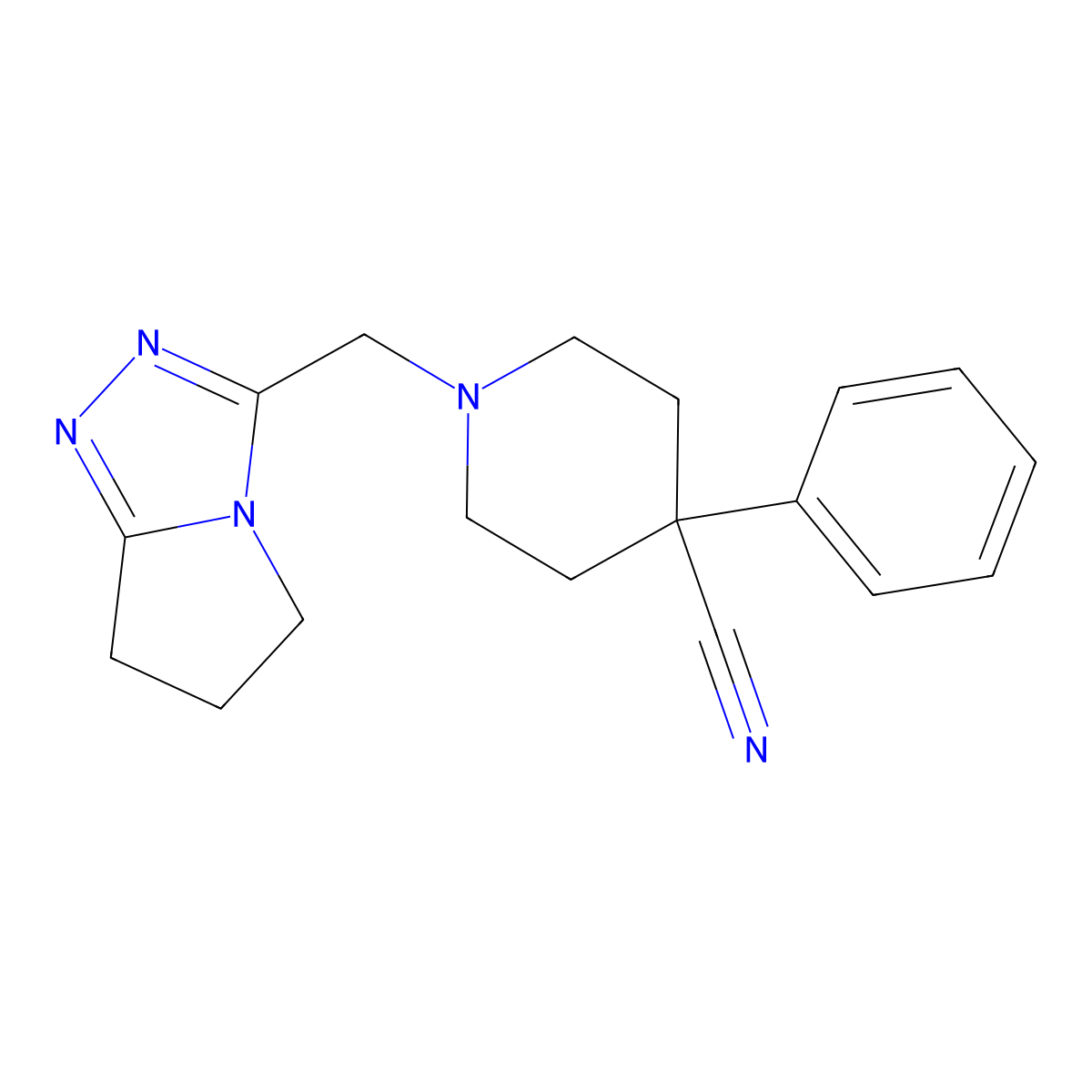 4-phenyl-1-({5H,6H,7H-pyrrolo[2,1-c][1,2,4]triazol-3-yl}methyl)piperidine-4-carbonitrile molecular structure, CAS 2742059-00-1