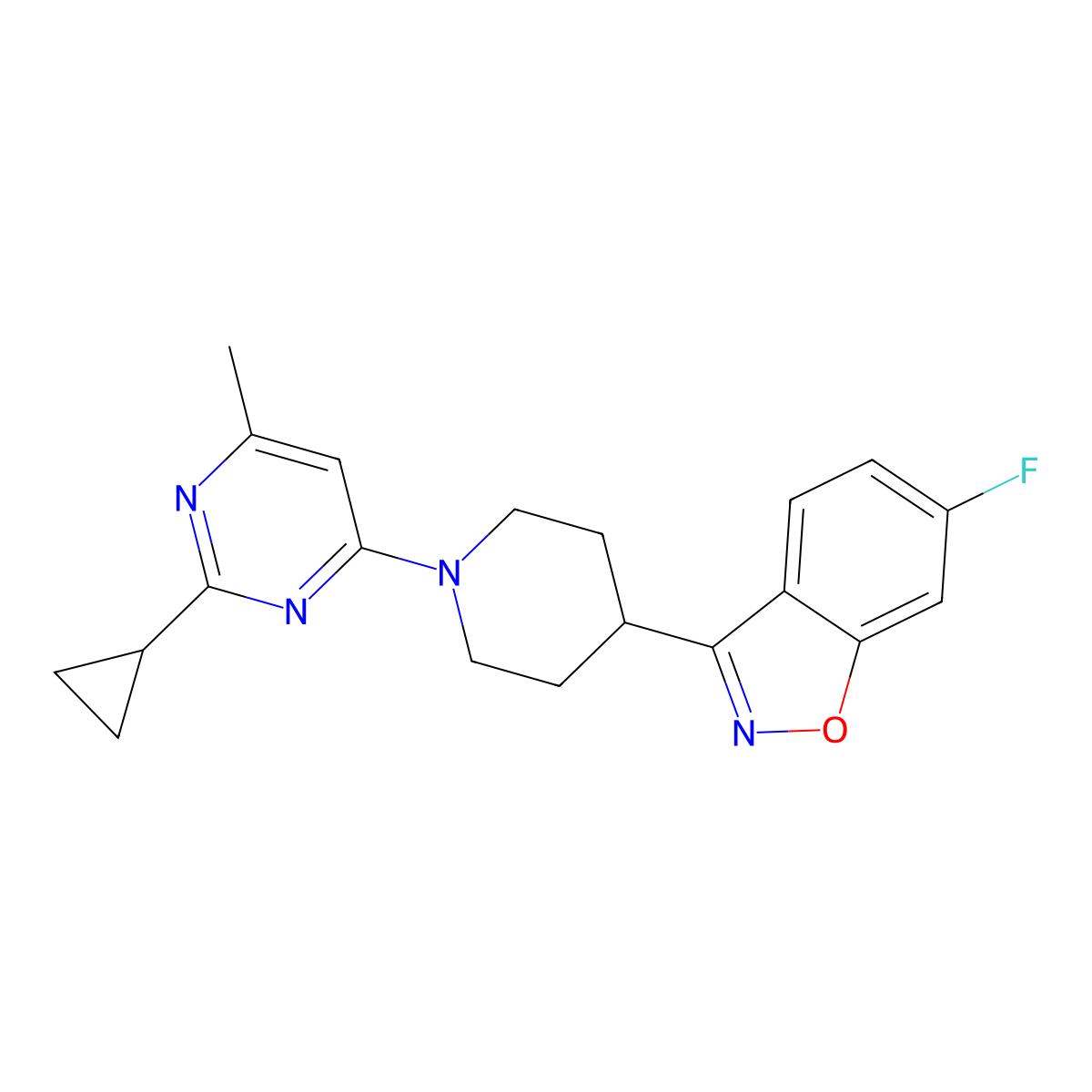 3-[1-(2-Cyclopropyl-6-methylpyrimidin-4-yl)piperidin-4-yl]-6-fluoro-1,2-benzoxazole molecular structure, CAS 2742059-01-2