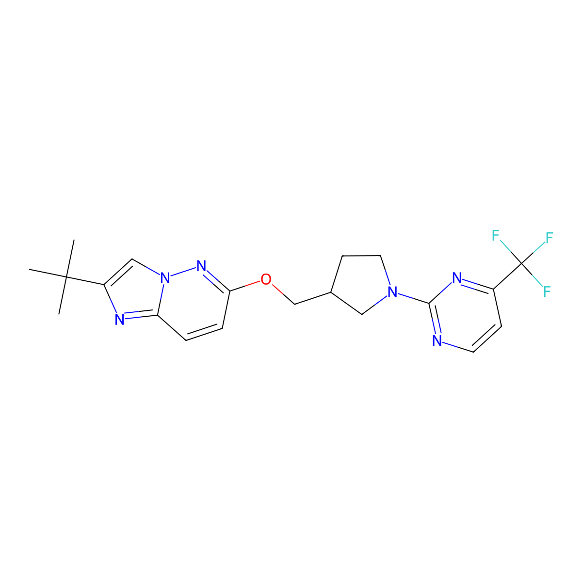 2-{3-[({2-Tert-butylimidazo[1,2-b]pyridazin-6-yl}oxy)methyl]pyrrolidin-1-yl}-4-(trifluoromethyl)pyrimidine molecular structure, CAS 2742059-05-6
