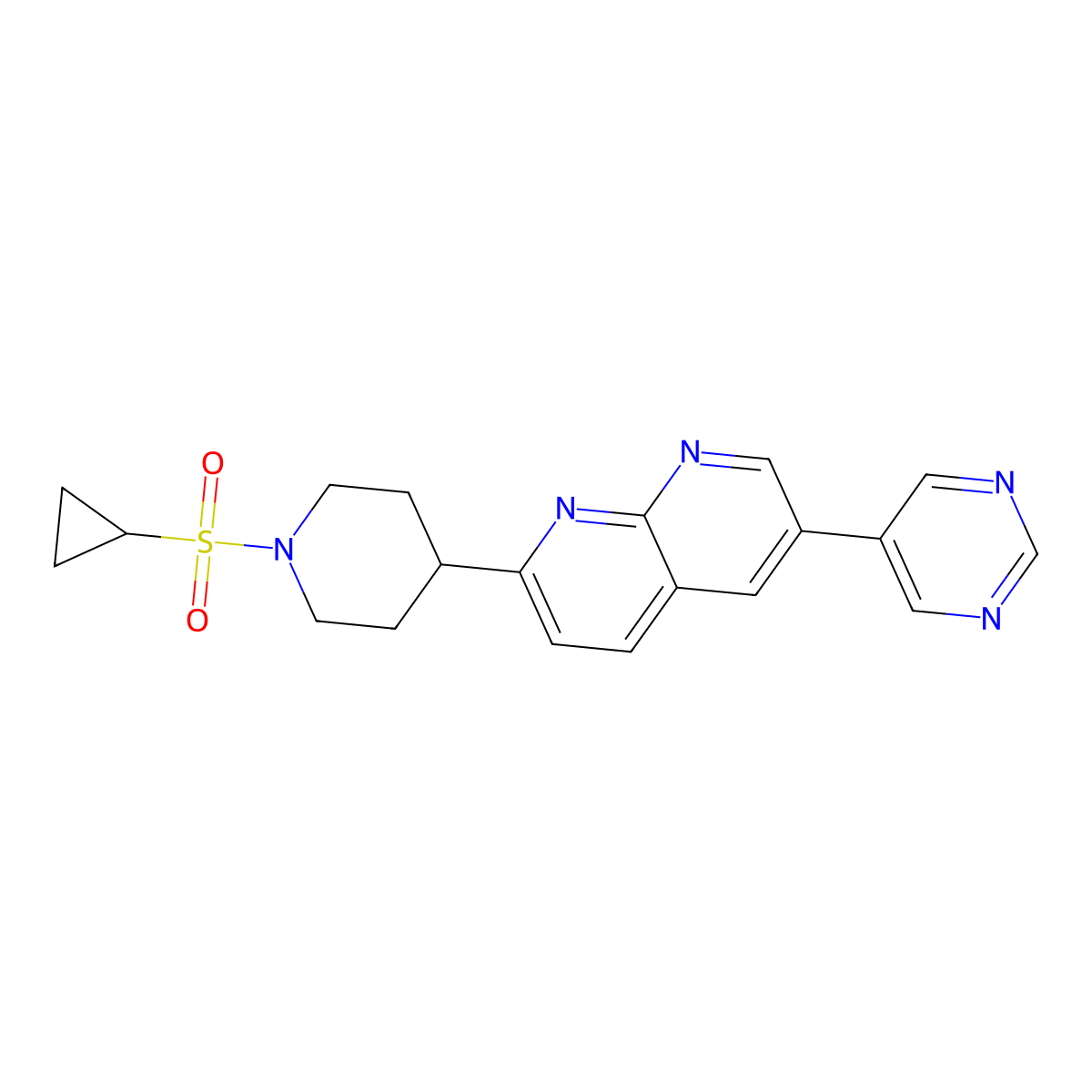 2-[1-(Cyclopropanesulfonyl)piperidin-4-yl]-6-(pyrimidin-5-yl)-1,8-naphthyridine molecular structure, CAS 2742059-12-5
