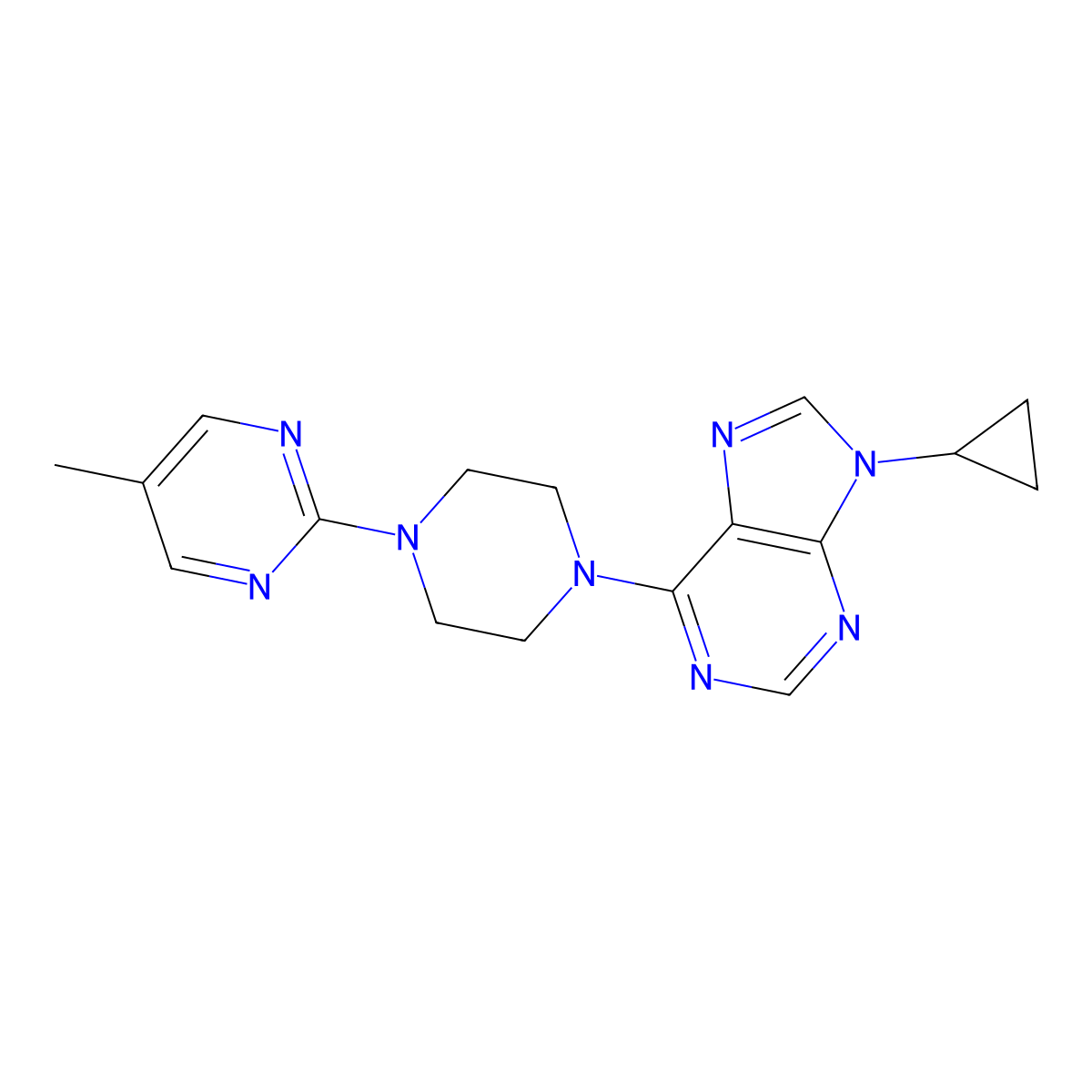 9-cyclopropyl-6-[4-(5-methylpyrimidin-2-yl)piperazin-1-yl]-9H-purine molecular structure, CAS 2742059-18-1