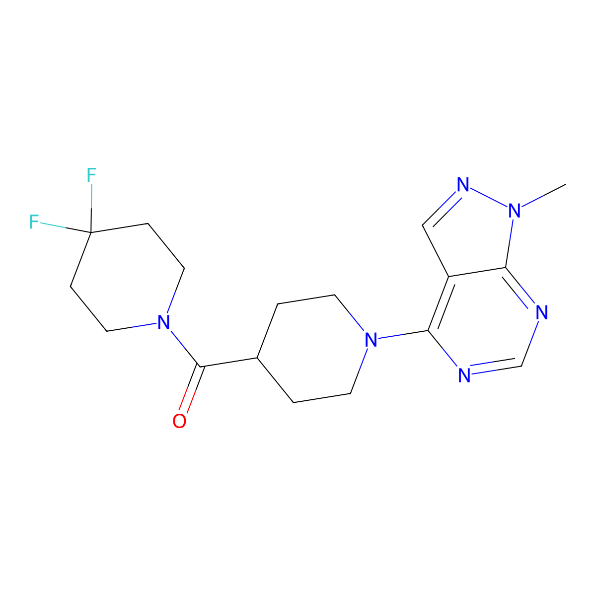 4-(4,4-difluoropiperidine-1-carbonyl)-1-{1-methyl-1H-pyrazolo[3,4-d]pyrimidin-4-yl}piperidine molecular structure, CAS 2742059-19-2