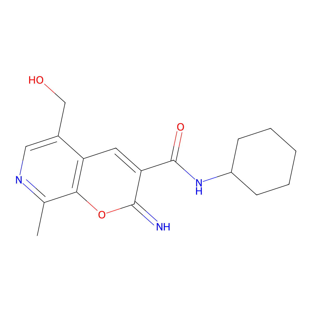 N-cyclohexyl-5-(hydroxymethyl)-2-imino-8-methyl-2H-pyrano[2,3-c]pyridine-3-carboxamide molecular structure, CAS 2742059-20-5