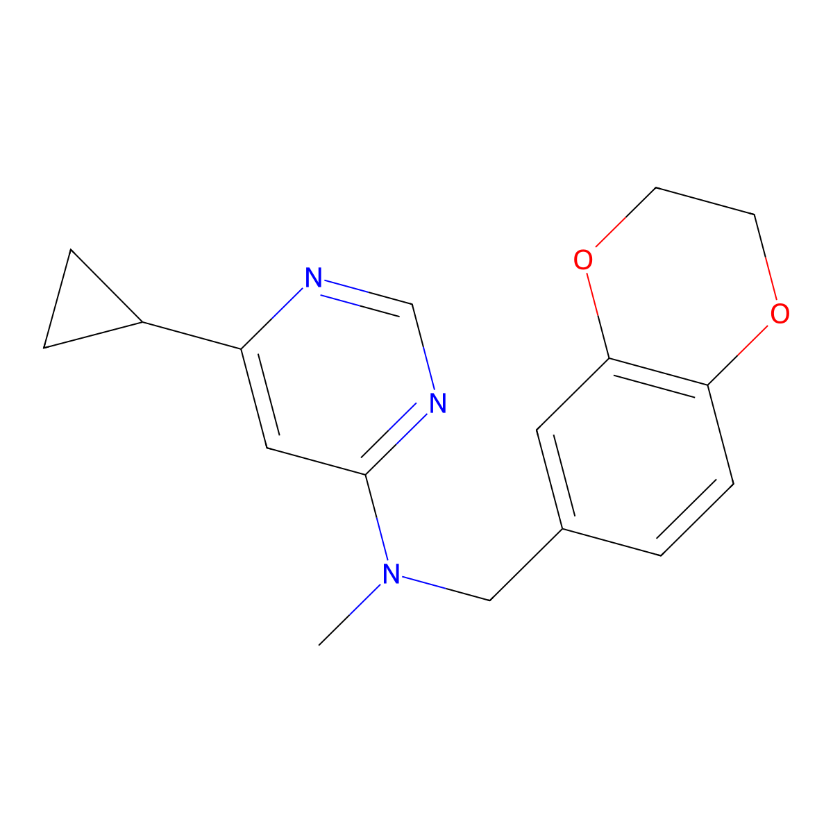 6-cyclopropyl-N-[(2,3-dihydro-1,4-benzodioxin-6-yl)methyl]-N-methylpyrimidin-4-amine molecular structure, CAS 2742059-21-6
