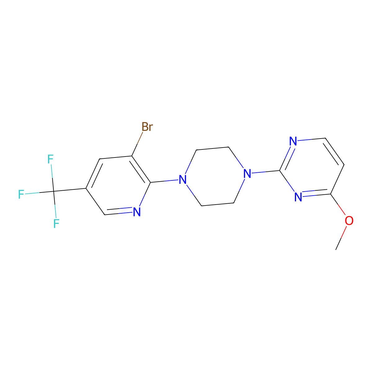2-{4-[3-Bromo-5-(trifluoromethyl)pyridin-2-yl]piperazin-1-yl}-4-methoxypyrimidine molecular structure, CAS 2742059-29-4