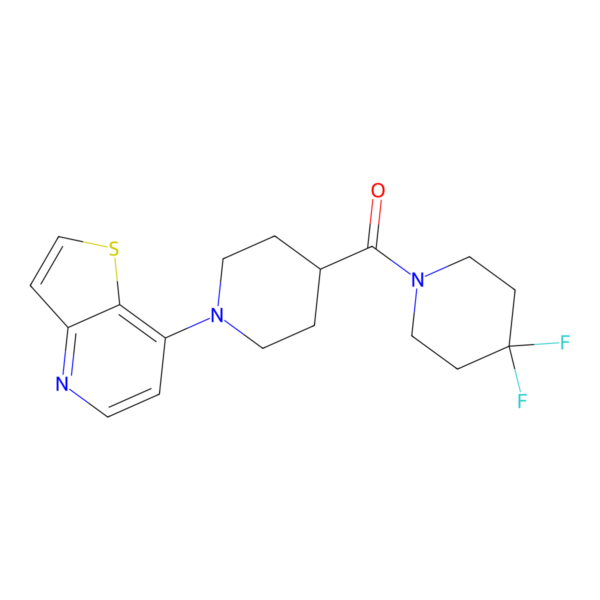 4,4-Difluoro-1-(1-{thieno[3,2-b]pyridin-7-yl}piperidine-4-carbonyl)piperidine molecular structure, CAS 2742059-36-3