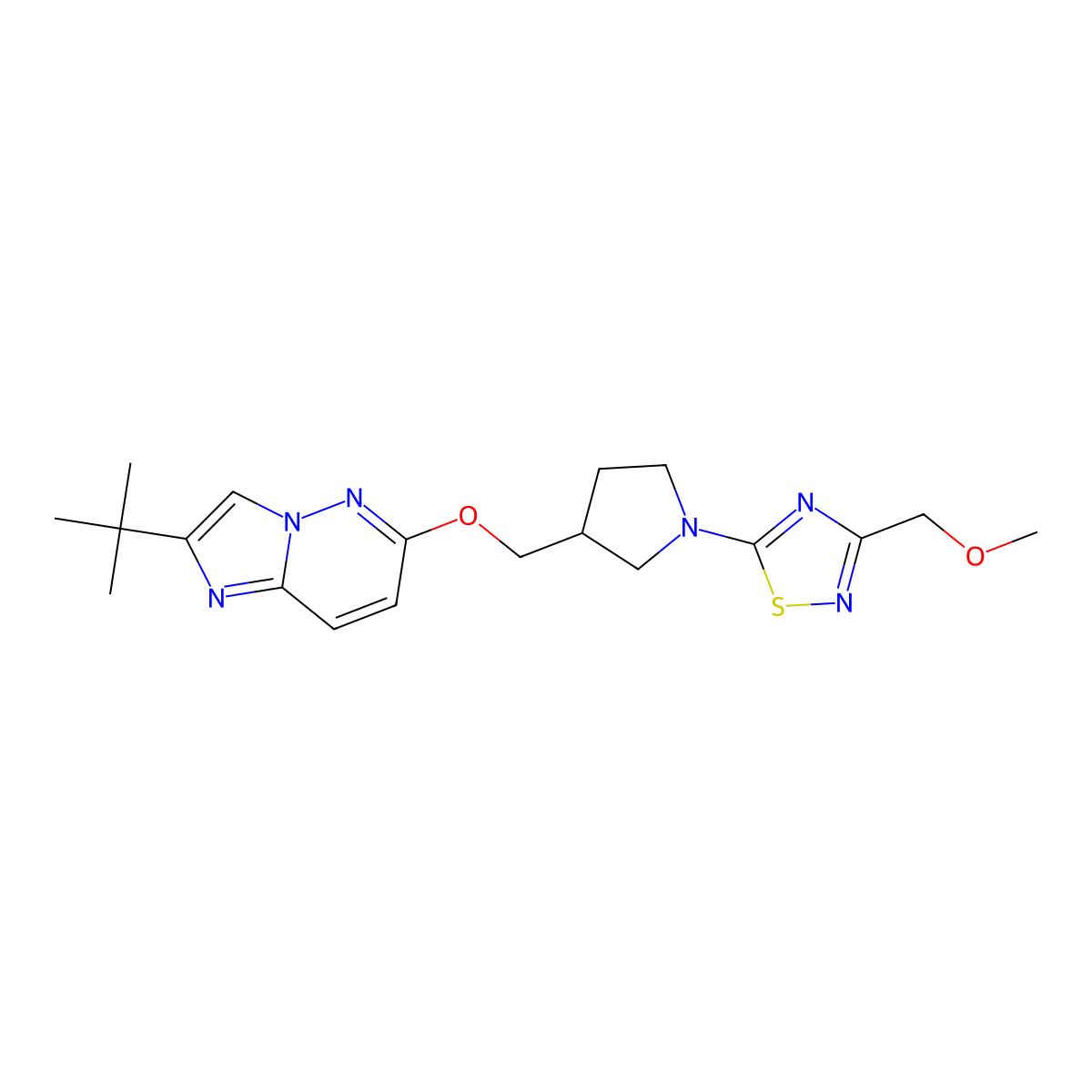 5-{3-[({2-Tert-butylimidazo[1,2-b]pyridazin-6-yl}oxy)methyl]pyrrolidin-1-yl}-3-(methoxymethyl)-1,2,4-thiadiazole molecular structure, CAS 2742059-40-9