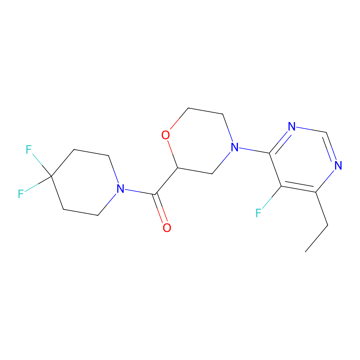 2-(4,4-Difluoropiperidine-1-carbonyl)-4-(6-ethyl-5-fluoropyrimidin-4-yl)morpholine molecular structure, CAS 2742059-41-0