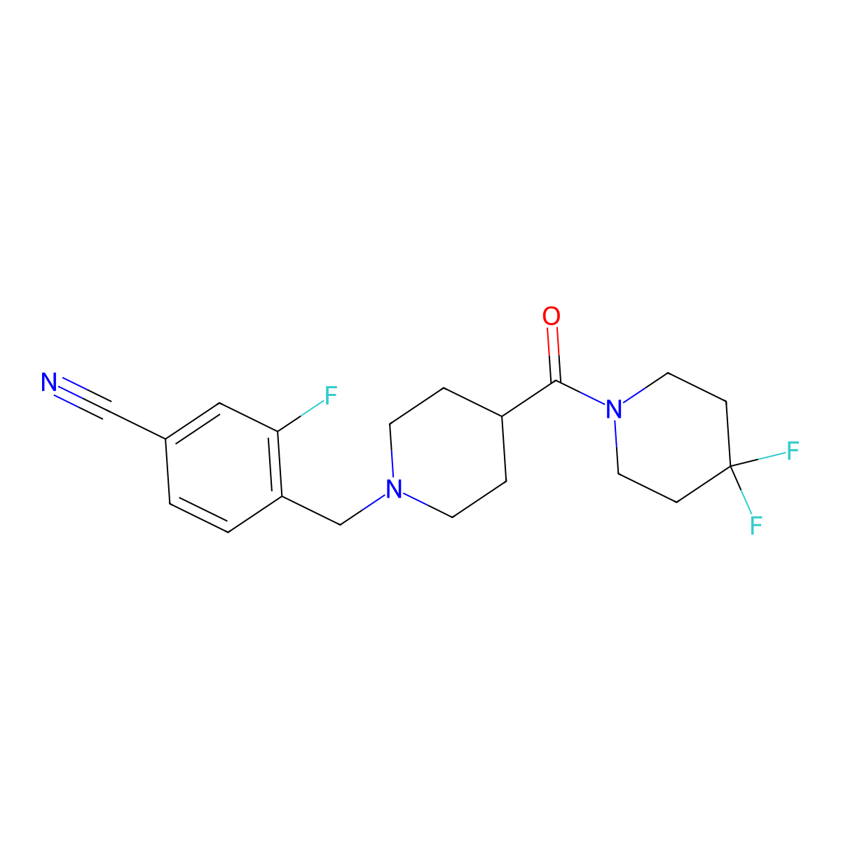 4-{[4-(4,4-Difluoropiperidine-1-carbonyl)piperidin-1-yl]methyl}-3-fluorobenzonitrile molecular structure, CAS 2742059-50-1