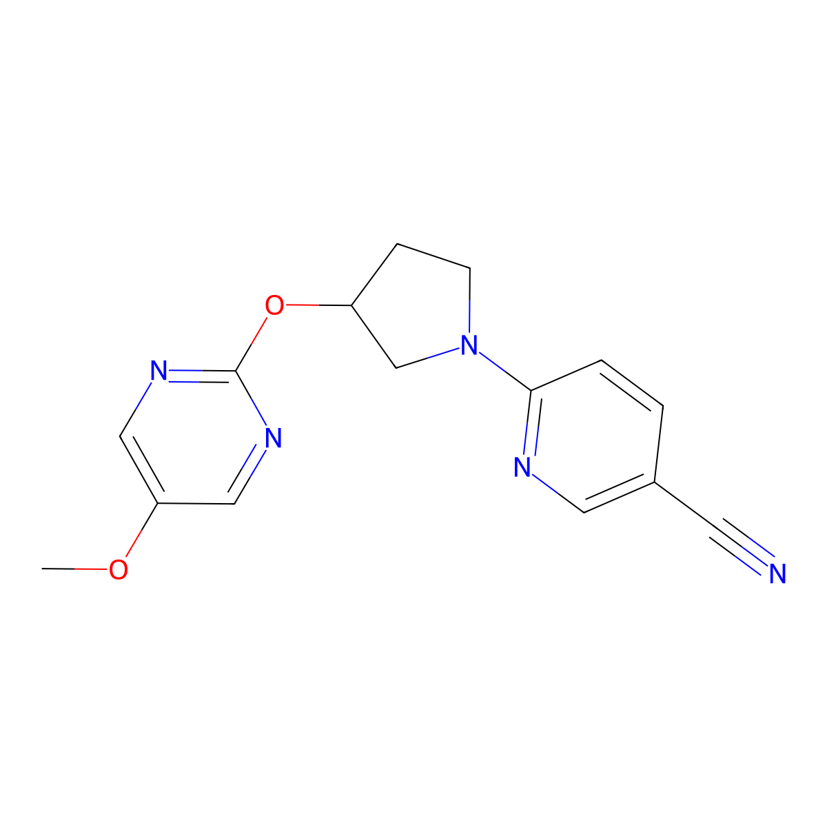 6-{3-[(5-Methoxypyrimidin-2-yl)oxy]pyrrolidin-1-yl}pyridine-3-carbonitrile molecular structure, CAS 2742059-51-2