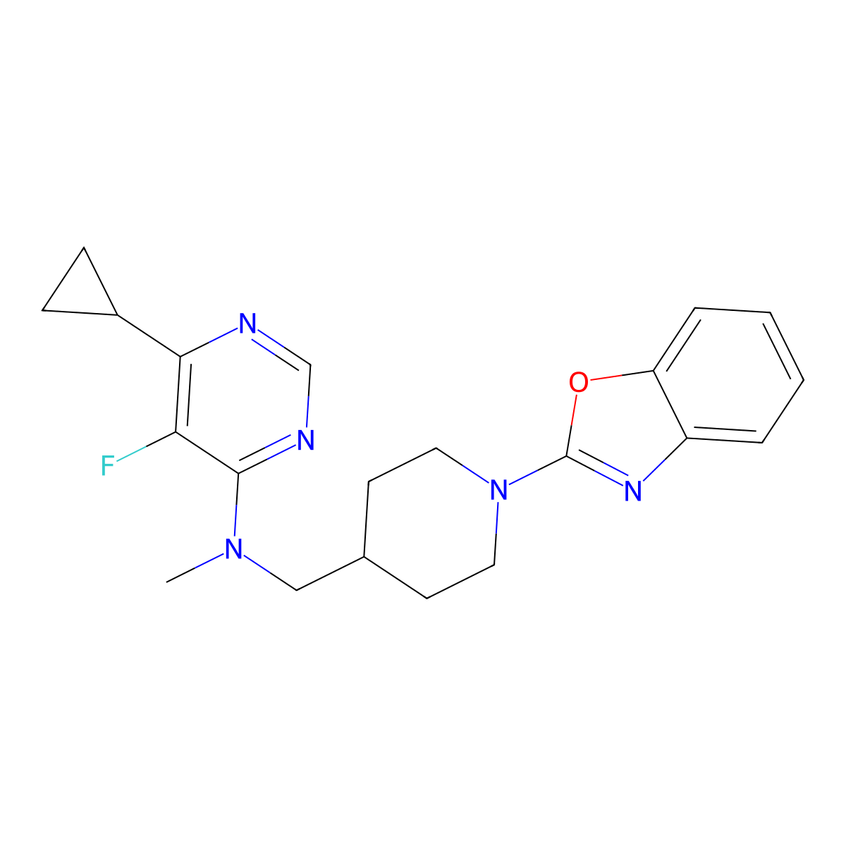 N-{[1-(1,3-benzoxazol-2-yl)piperidin-4-yl]methyl}-6-cyclopropyl-5-fluoro-N-methylpyrimidin-4-amine molecular structure, CAS 2742059-53-4