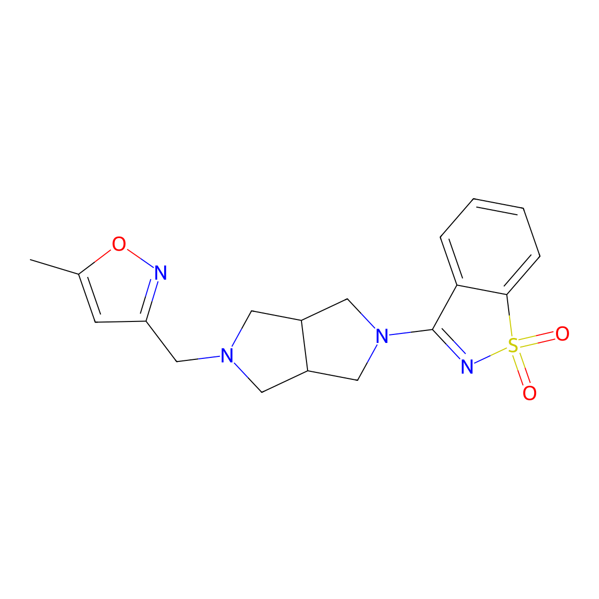3-[2-[(5-Methyl-1,2-oxazol-3-yl)methyl]-1,3,3a,4,6,6a-hexahydropyrrolo[3,4-c]pyrrol-5-yl]-1,2-benzothiazole 1,1-dioxide molecular structure, CAS 2742059-54-5