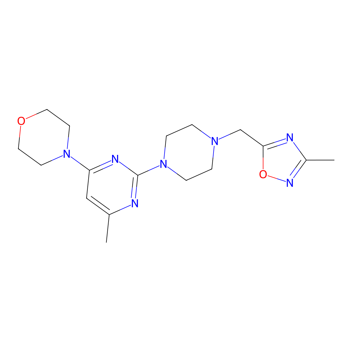 4-(6-Methyl-2-{4-[(3-methyl-1,2,4-oxadiazol-5-yl)methyl]piperazin-1-yl}pyrimidin-4-yl)morpholine molecular structure, CAS 2742059-62-5