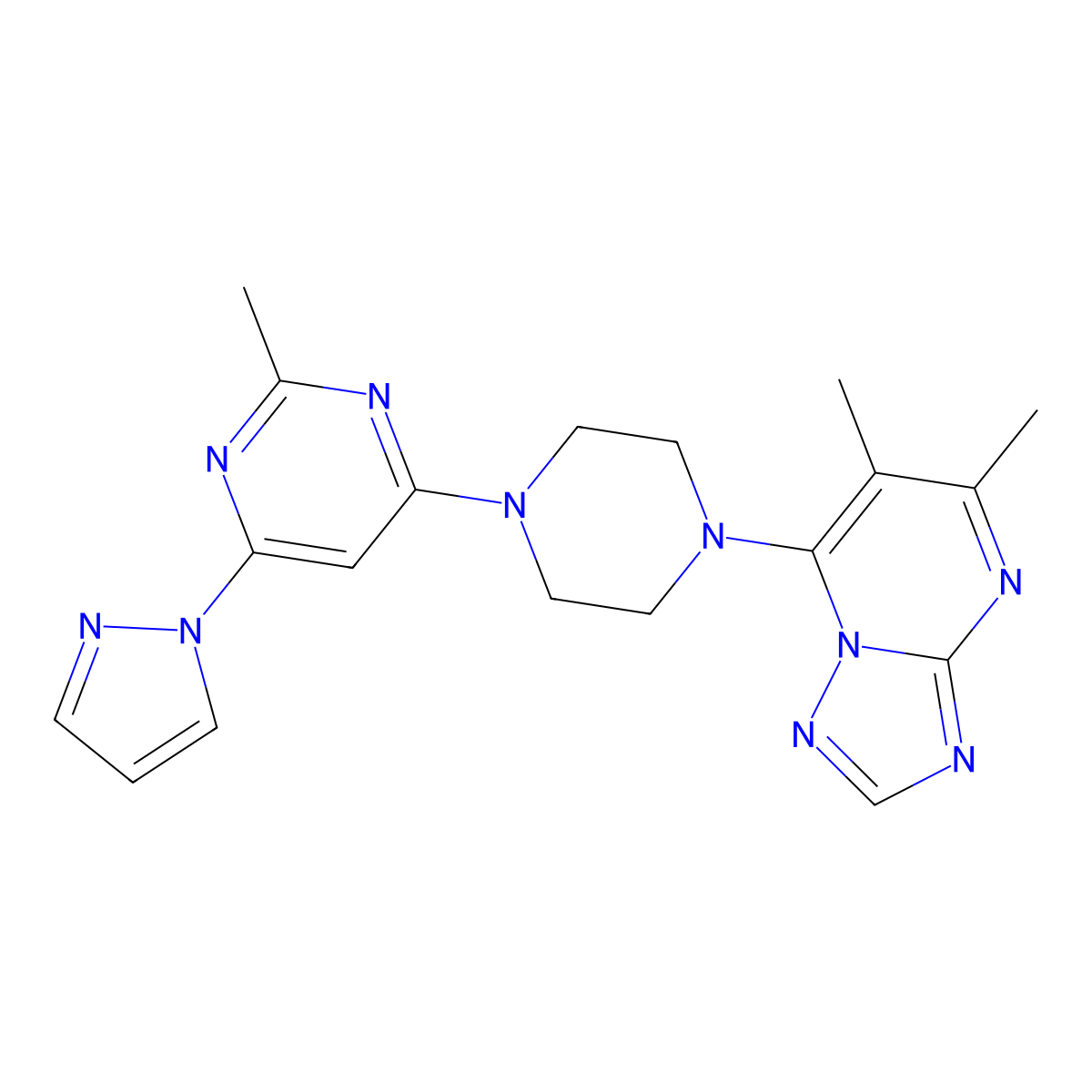 4-(4-{5,6-dimethyl-[1,2,4]triazolo[1,5-a]pyrimidin-7-yl}piperazin-1-yl)-2-methyl-6-(1H-pyrazol-1-yl)pyrimidine molecular structure, CAS 2742059-85-2