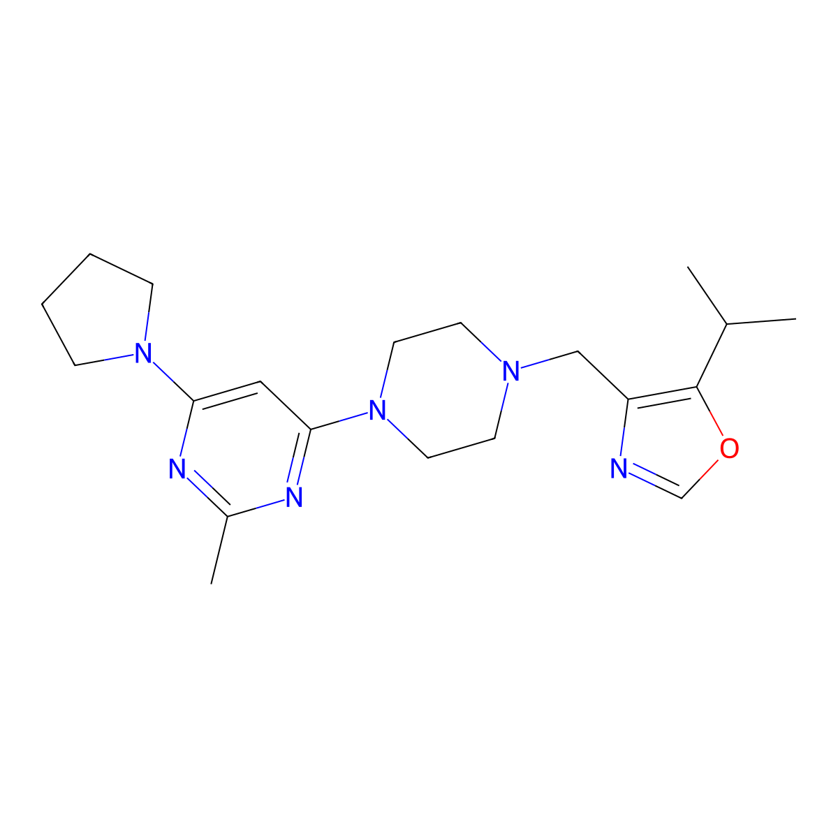 2-Methyl-4-(4-{[5-(propan-2-yl)-1,3-oxazol-4-yl]methyl}piperazin-1-yl)-6-(pyrrolidin-1-yl)pyrimidine molecular structure, CAS 2742059-89-6