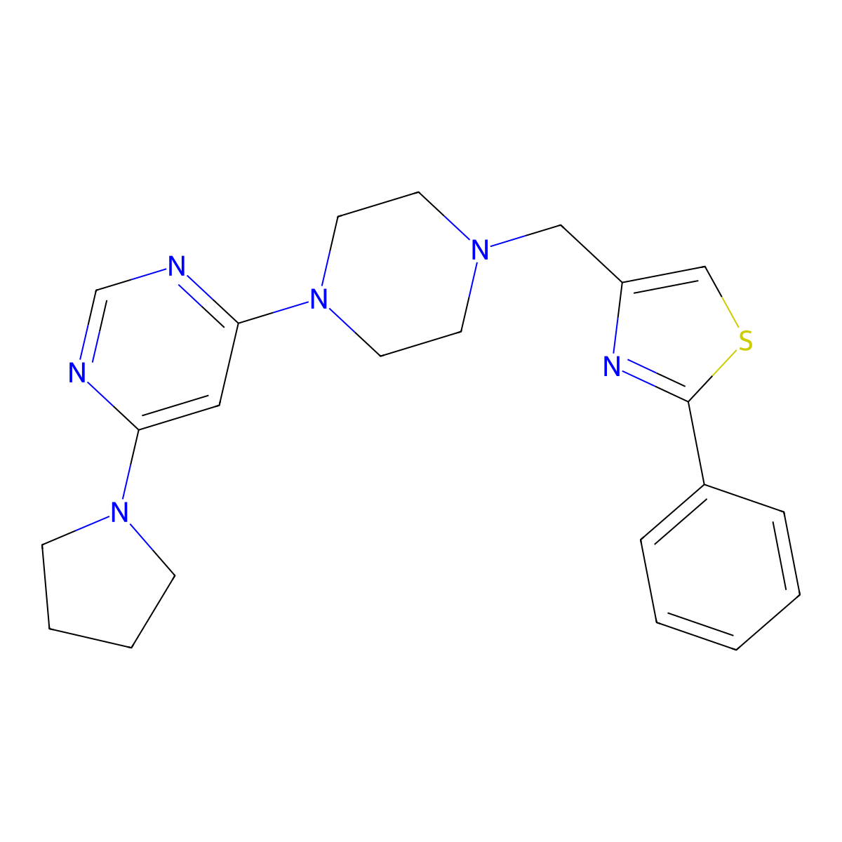 4-{4-[(2-Phenyl-1,3-thiazol-4-yl)methyl]piperazin-1-yl}-6-(pyrrolidin-1-yl)pyrimidine molecular structure, CAS 2742059-91-0