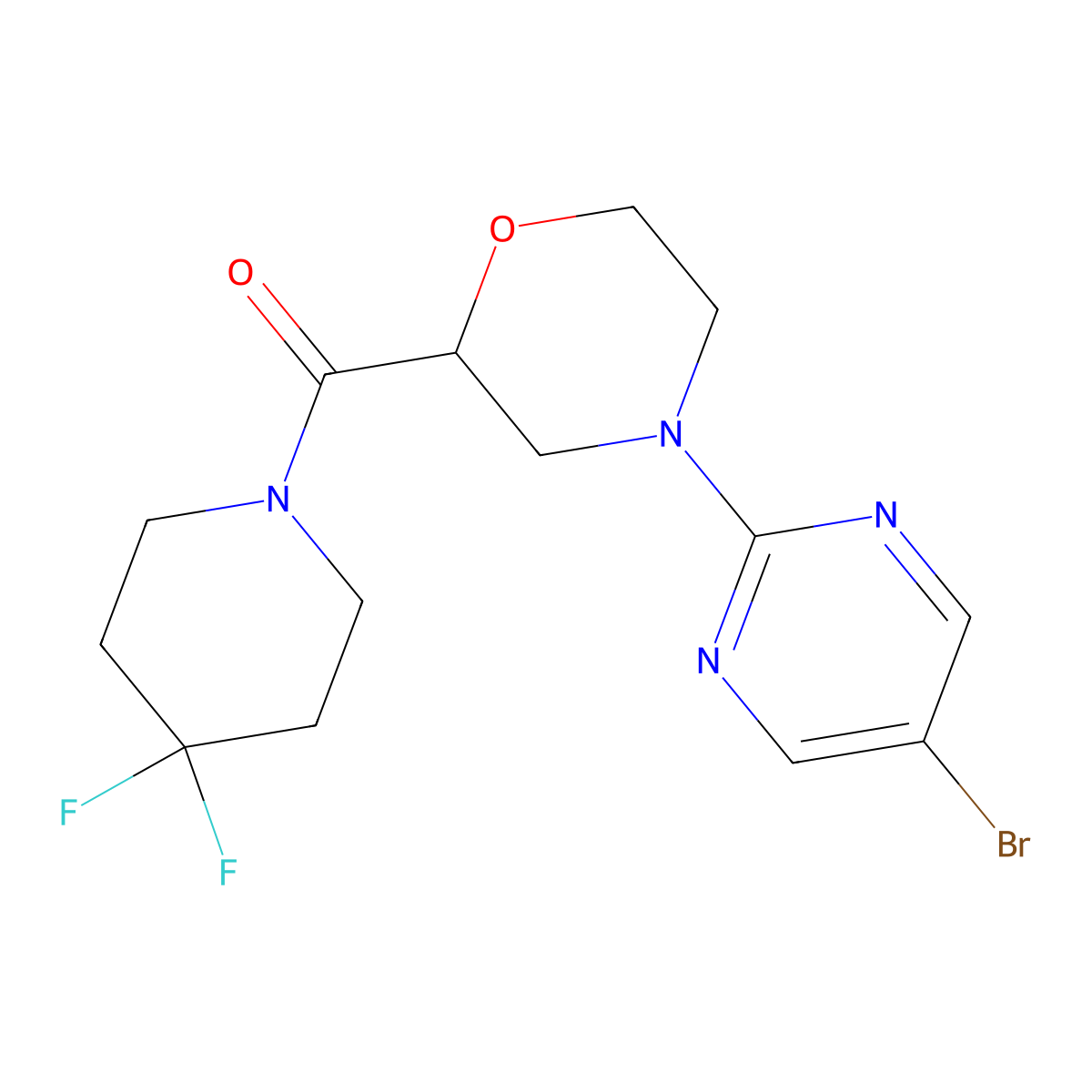 4-(5-Bromopyrimidin-2-yl)-2-(4,4-difluoropiperidine-1-carbonyl)morpholine molecular structure, CAS 2742059-94-3