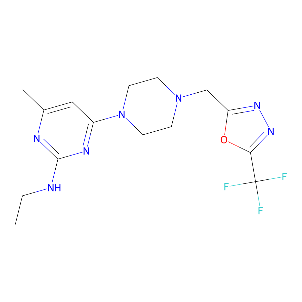 N-ethyl-4-methyl-6-(4-{[5-(trifluoromethyl)-1,3,4-oxadiazol-2-yl]methyl}piperazin-1-yl)pyrimidin-2-amine molecular structure, CAS 2742059-96-5